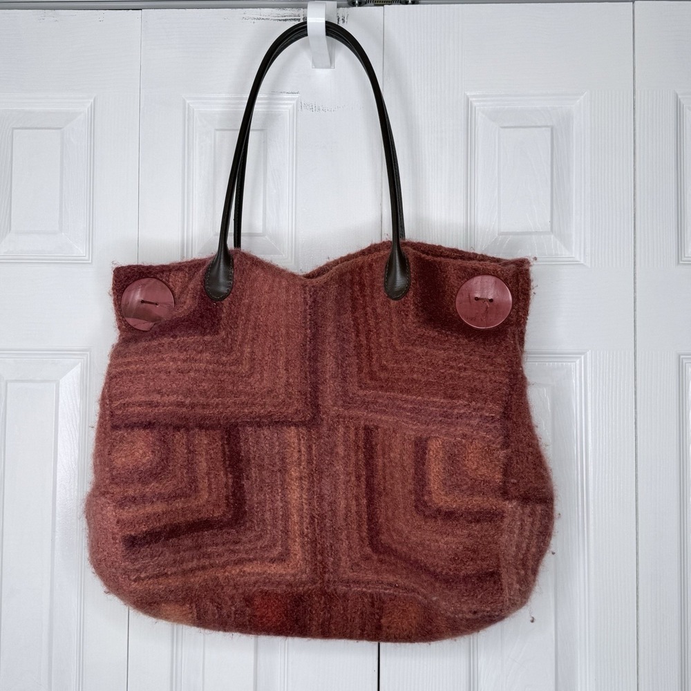 Handmade Wool Felt Tote Bag 21" Leather Handles Boho Artisan Large Button Purse
